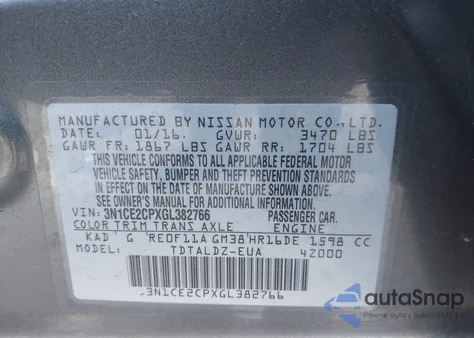 2016 Nissan Versa Note Sv из США, поврежденный, VIN 3N1CE2CPXGL382766